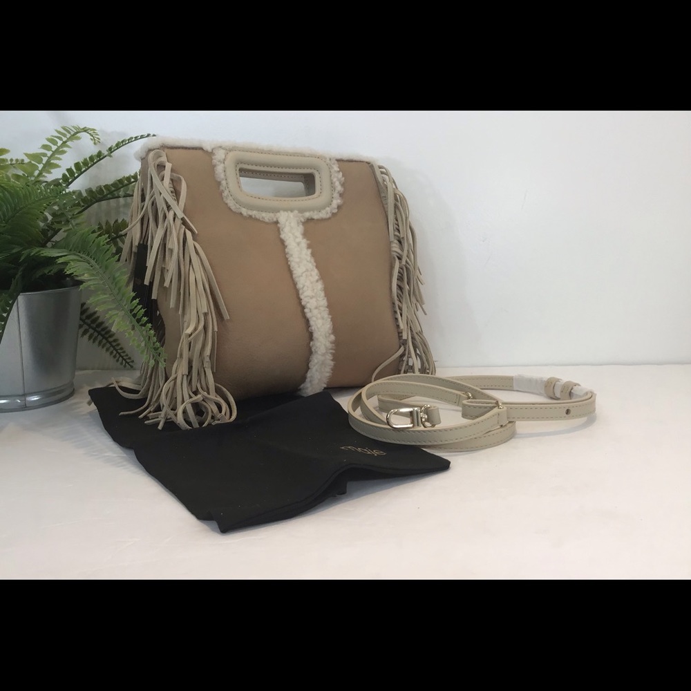 MAJE SHEEPSKIN SHERPA FRINGE CROSSBODY HANDBAG NUDE NATURAL NWT